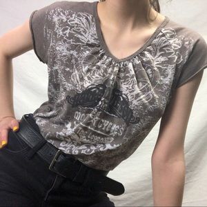 Y2K Harley Davidson Ruched V-neck Short Sleeve Top